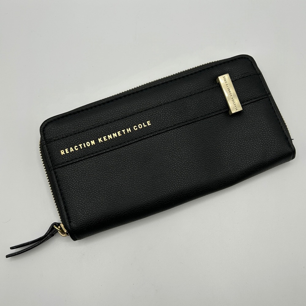 Reaction Kenneth Cole Black Faux Leather Zip Around Wallet Clutch Gold‎ Hardware